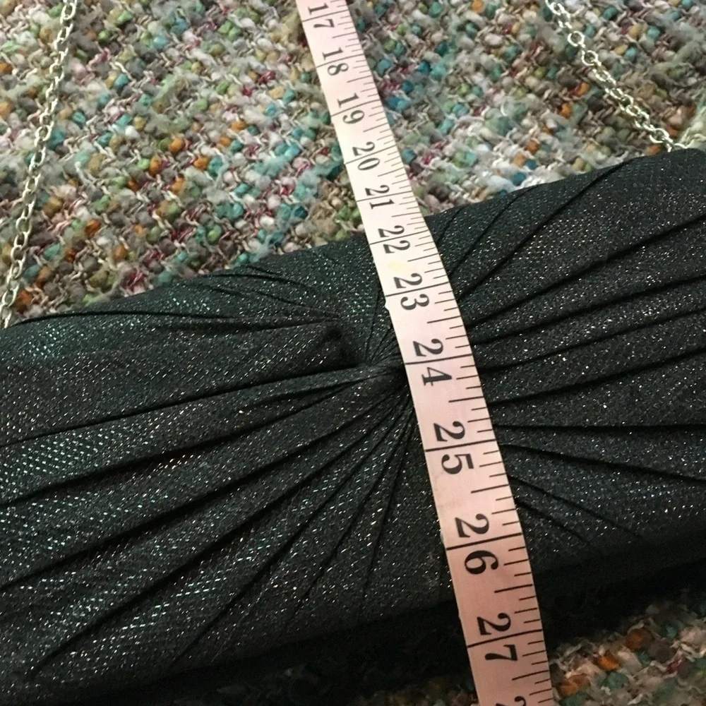 Black Shimmer Pleated Evening Clutch Bag Chain 10x5